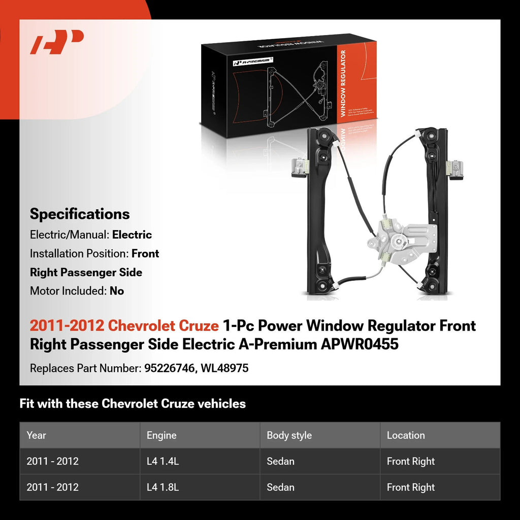 2011-2012 Chevrolet Cruze 1-Pc Power Window Regulator Front Right Passenger Side