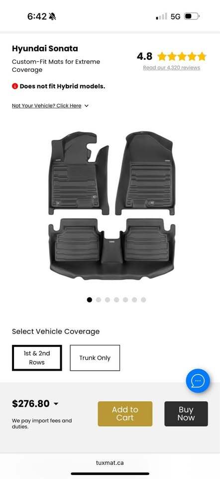 Hyundai Sonata Custom-Fit floor Mats for Extreme
Coverage
