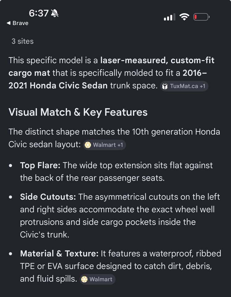 2016-2021 Honda Civic Sedan trunk mat.