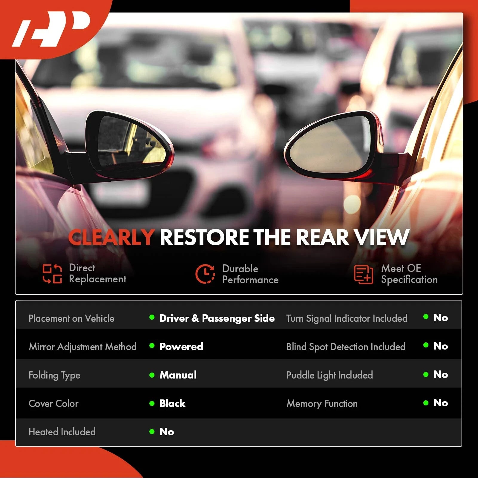 Driver & Passenger Mirror Powered Smooth Black A-Premium APMI1590TW