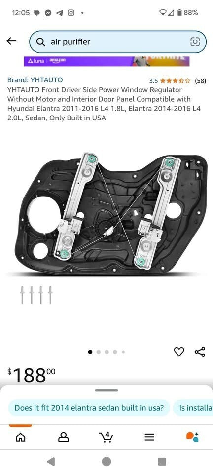 A Premium Power Window Regulator with Motor Fits Hyundai Elantra 2011 2016 Left