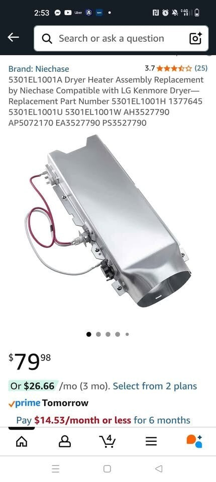 Niechase Dryer Heater Assembly Replacement Compatible LG Kenmore Appliance Part