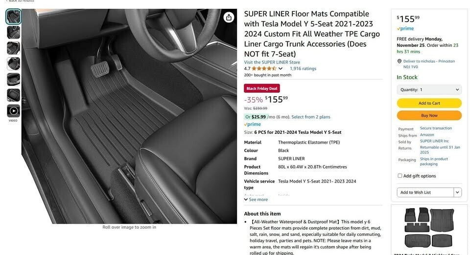 Tesla Model Y Floor Mats 5 Seat 2020 2024 All Weather Custom Fit Brand New