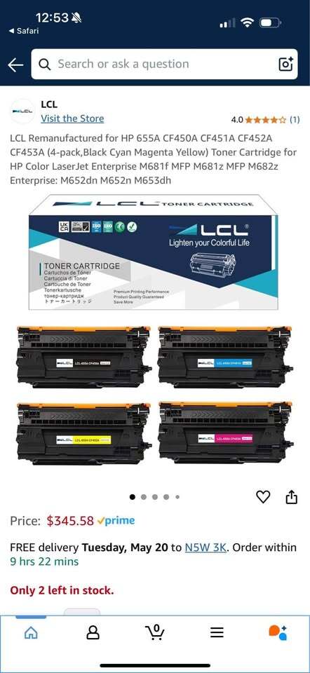 LCL HP 655A CF450A CF451A CF452A CF453A (4-pack,Black Cyan Magenta Yellow)
