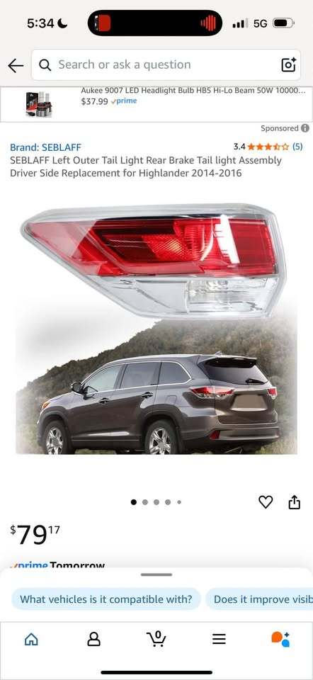 SEBLAFF Left Outer Tail Light Rear Brake Tail light Assembly Driver Side Replacement for Highlander