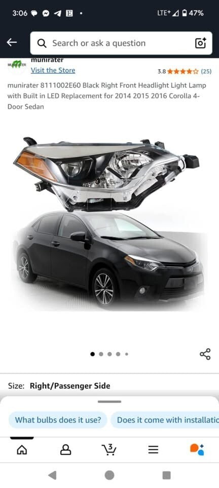 Right Front Headlight Light Lamp with Built in LED Replacement for 2014 2015