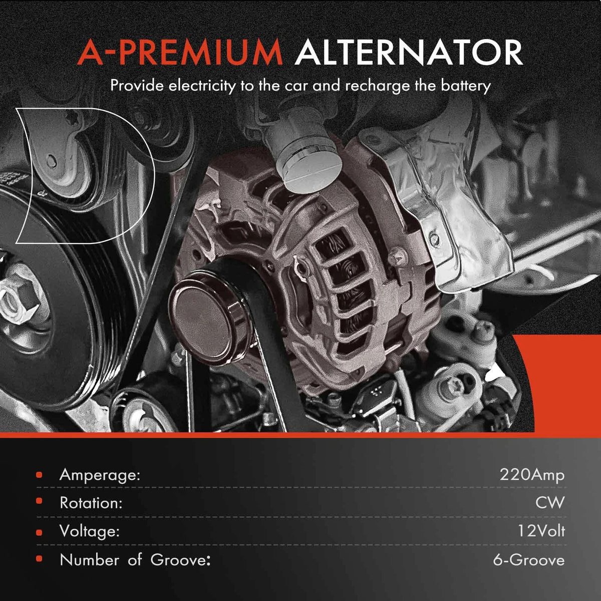 Alternator 220A 12V Clockwise 6-Groove Pulley A-Premium APALT1167