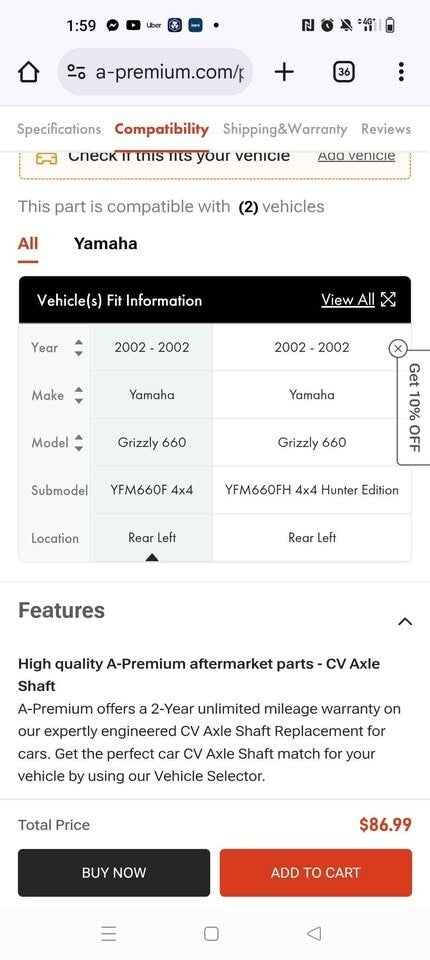 Yamaha Grizzly 660 Rear Left CV Axle 2002 Heavy Duty ATV Drive Shaft Replacement