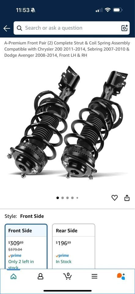 Front Pair Complete Strut & Coil Spring Chryslerebring 2007-2010 & Dodge Avenger