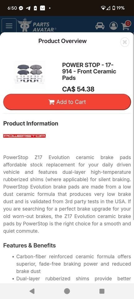 PowerStop Front Brake Pads Fits Honda 2012 2020 High Performance Replacement