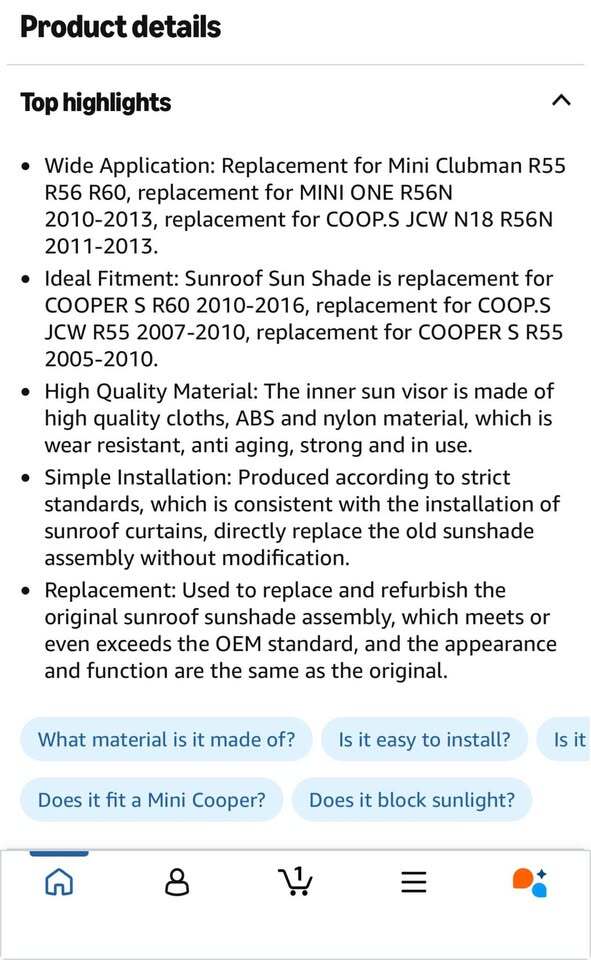 Mini Cooper sunroof shade