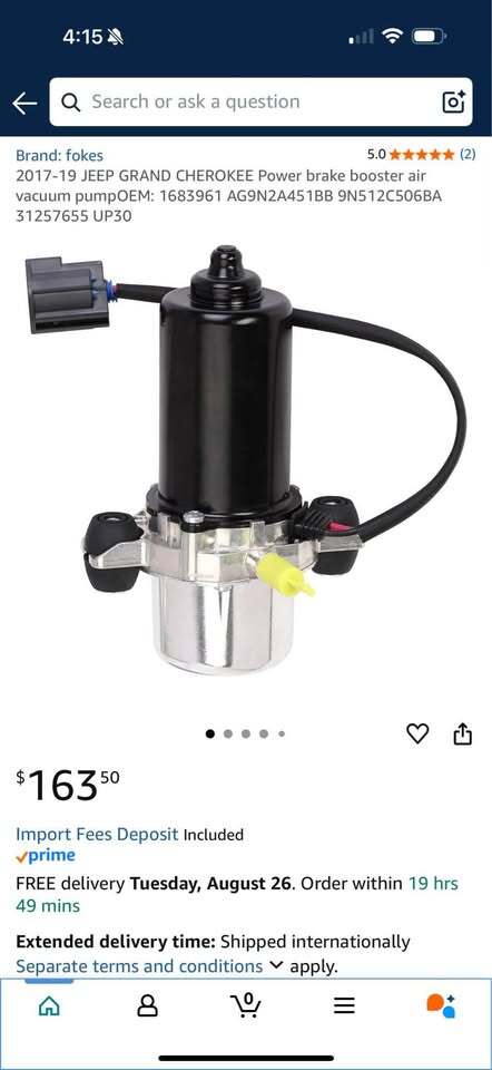 2017-19 JEEP GRAND CHEROKEE Power brake booster air vacuum pump
