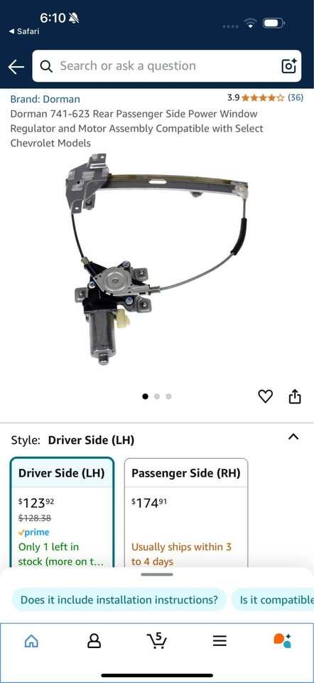 Dorman 741-623 Rear Passenger Side Power Window Regulator and Motor Assembly

Driver side