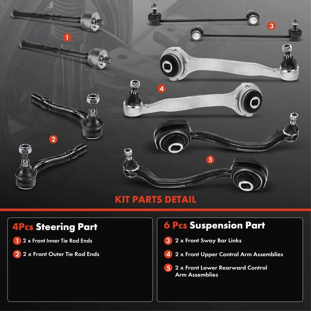 A Set of 10 Control Arm Sway Bar Link and Tie Rod End Kit Front Side A-Premium